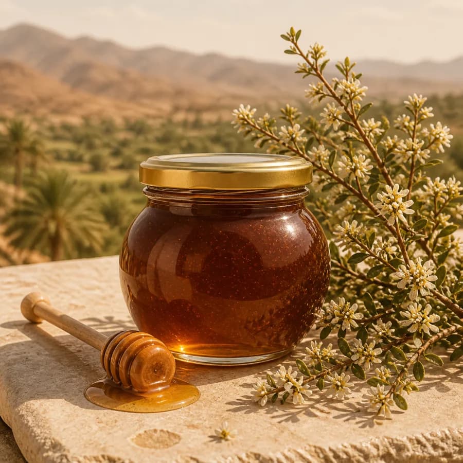 مرطبان عسل الدغموس الداكن بجوار أغصان مزهرة