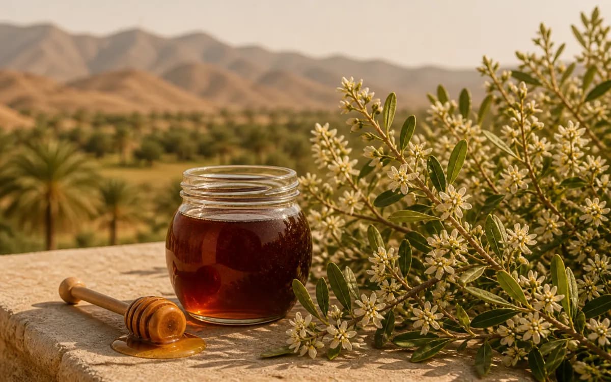 مرطبان عسل الدغموس الداكن بجوار نبات مزهر في طبيعة سوس