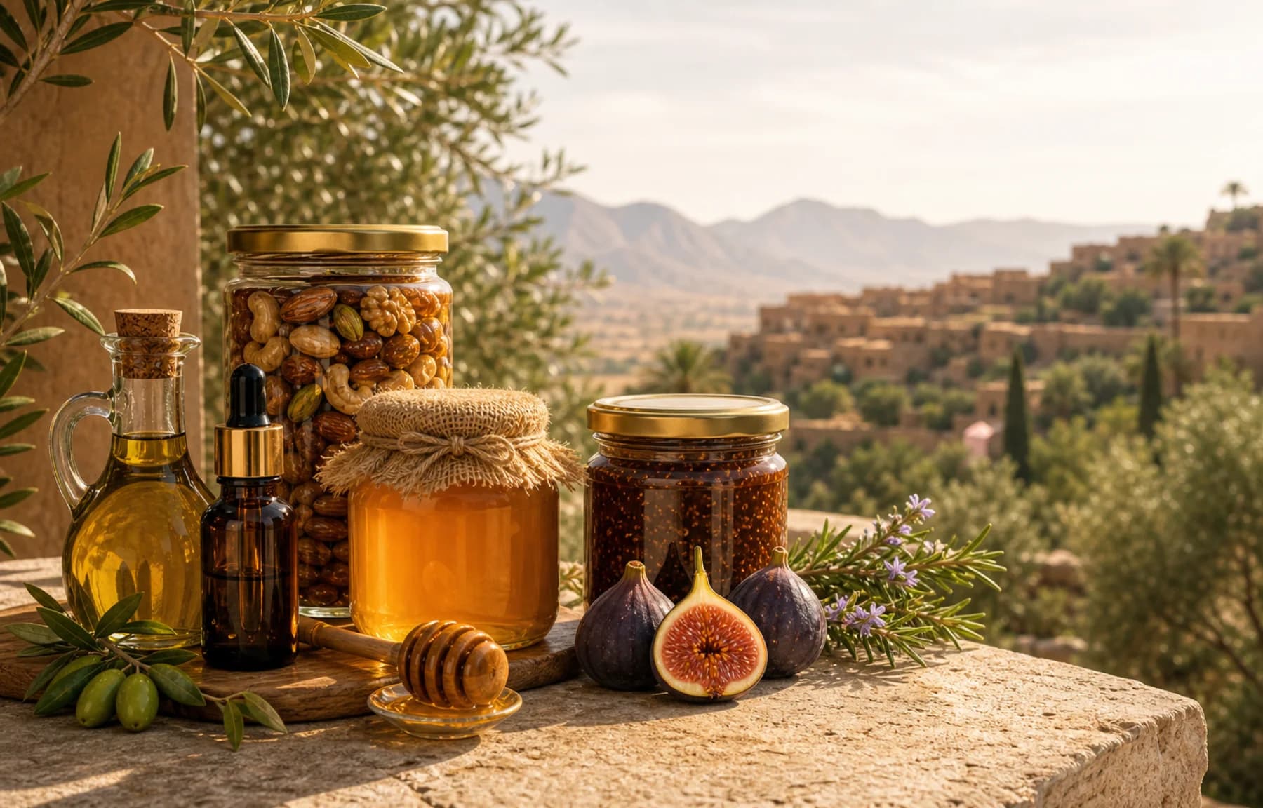 عسل وزيت زيتون ومربى وزيوت طبيعية ومكسرات بالعسل أمام طبيعة سوس