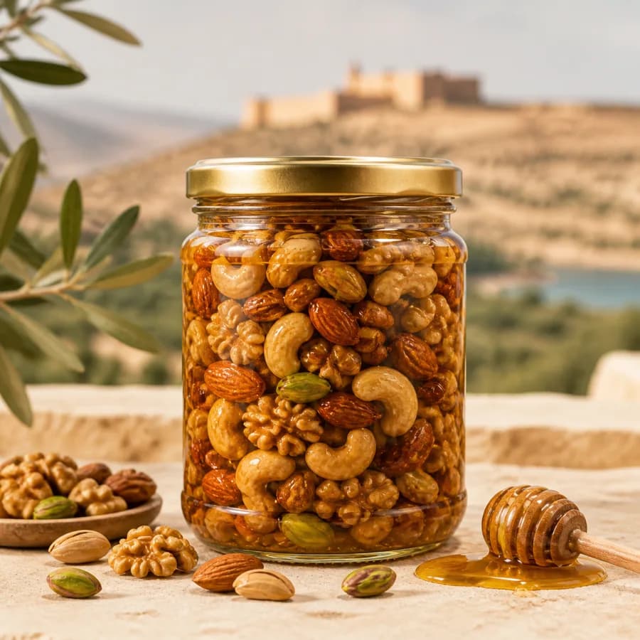 مرطبان مكسرات متنوعة مغمسة بالعسل الطبيعي