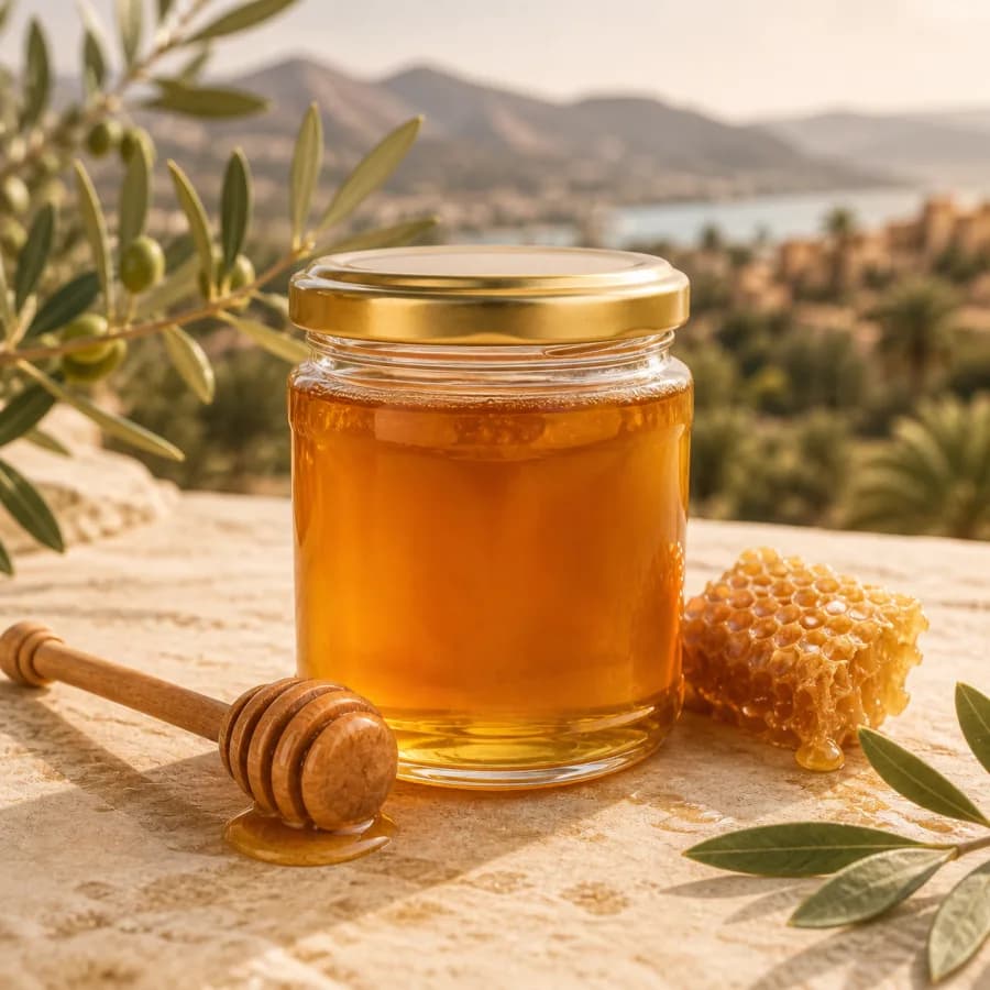 مرطبان عسل طبيعي ذهبي مع قطعة شمع العسل
