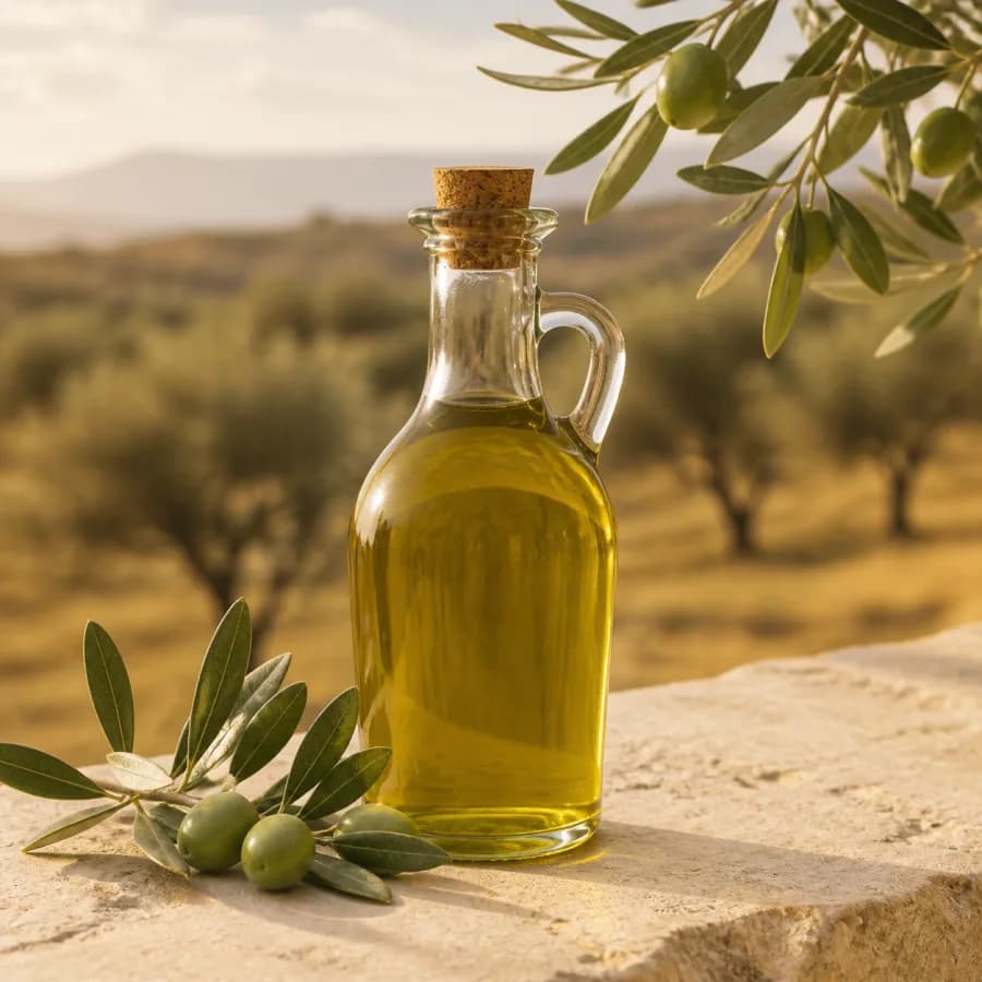 زجاجة زيت زيتون ذهبي مع أغصان وثمار الزيتون